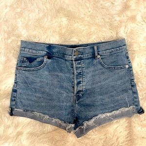 Express Medium Light Wash Shortie High Rise Shorts